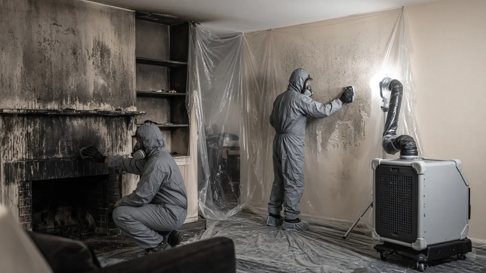 Technicians in respirators cleaning soot from a living room wall