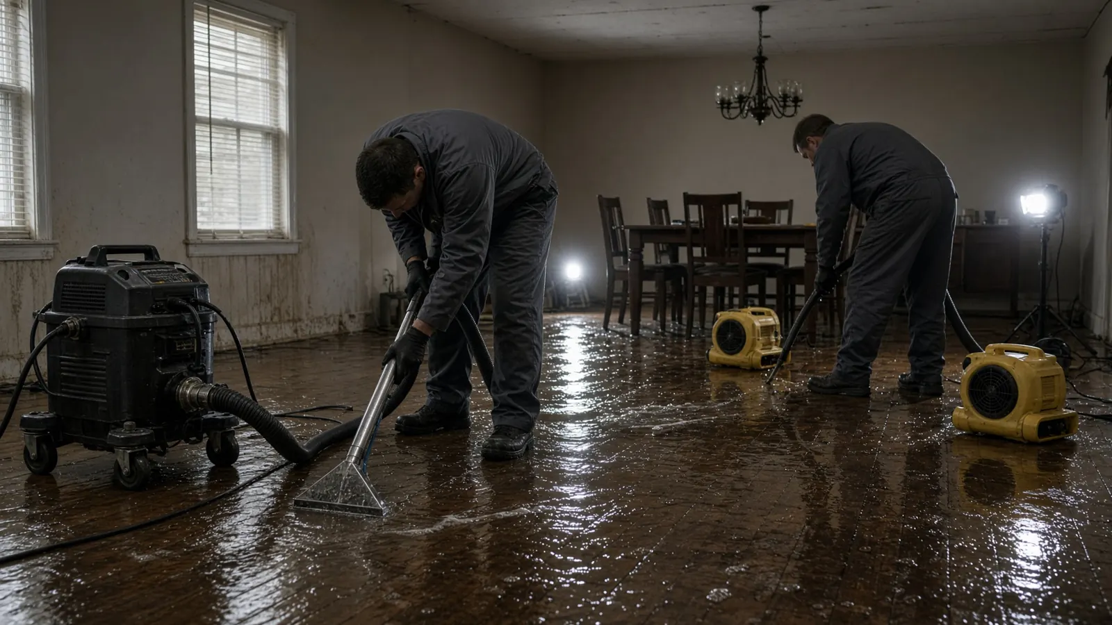 Restoration technicians extracting water from a flooded dining room with air movers