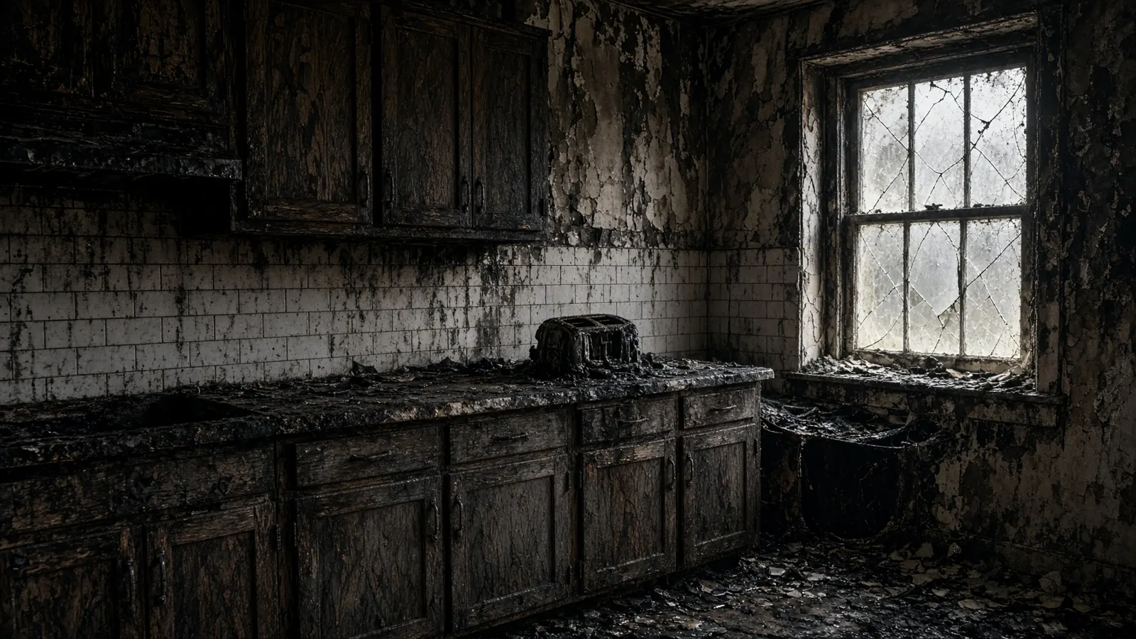 Residential kitchen after a contained house fire with charred cabinets