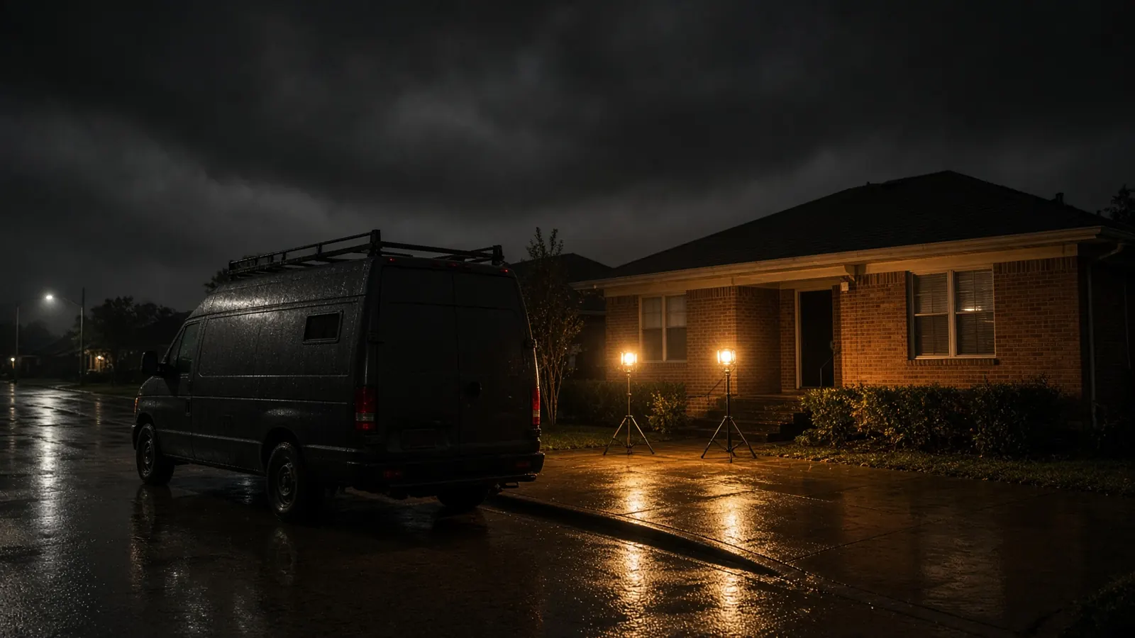 Emergency restoration van at a house at night